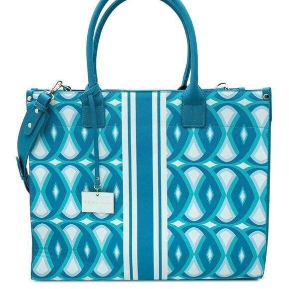 Trina Turk Large Tote NWT Turquoise and White Handbag with Shoulder Strap - Picture 1 of 5